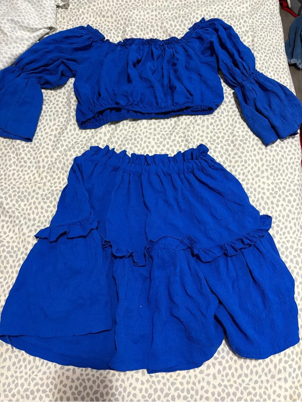 Blue Two-Piece Girls Matching Set - Off-Shoulder Top & Ruffle Skirt